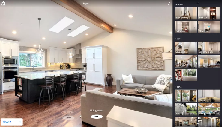 Zillow 3D Home Tool allows real estate agents to display immersive views of their property listings. Viewers can click the arrows at the button and navigate from room to room in 360-degree view.