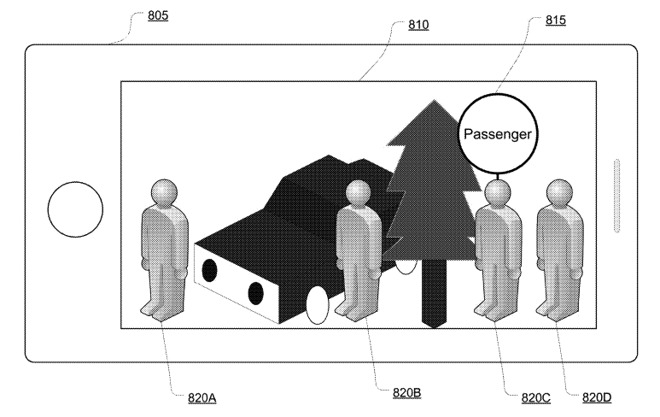 An illustration from Apple patent application showing a cab driver finding a passenger through augmented reality
