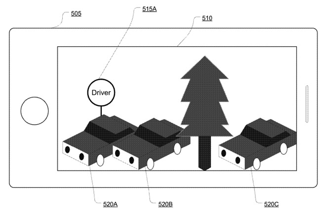 An illustration from Apple patent application which shows a passenger identifying a driver by using augmented reality