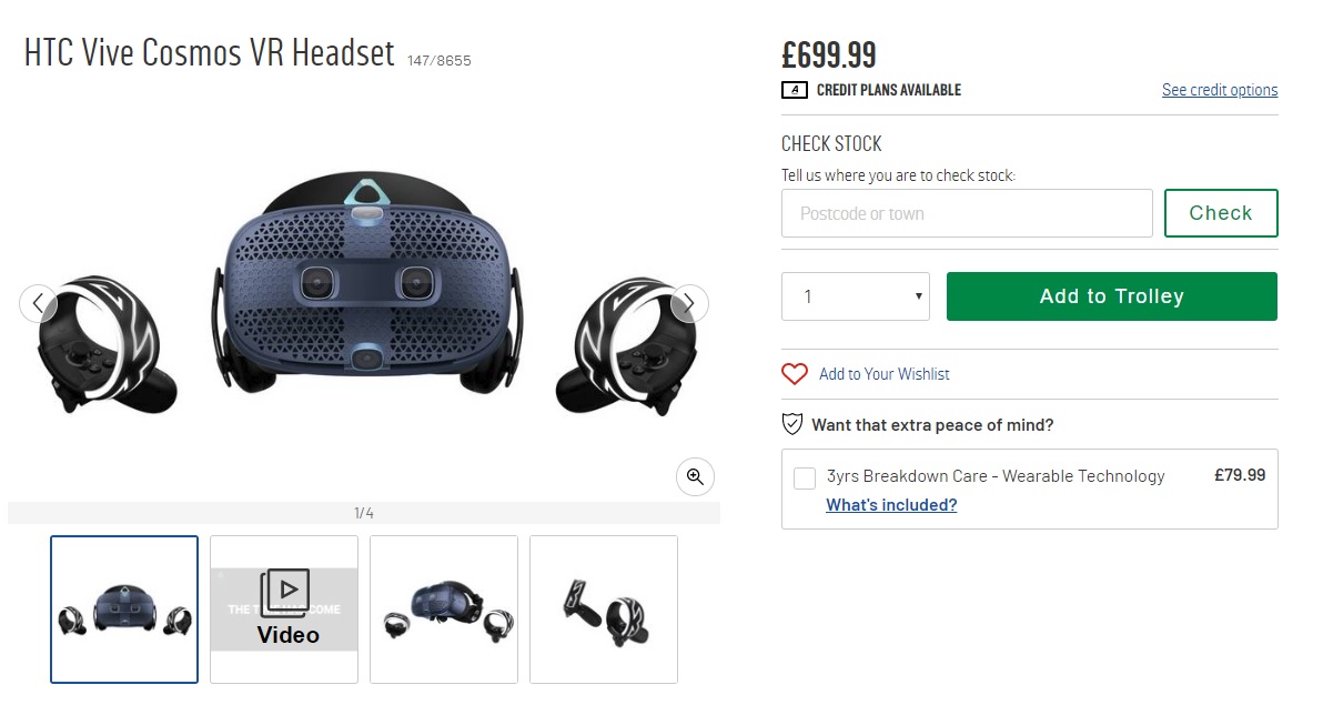 HTC Vive Cosmos as Listed on Argos