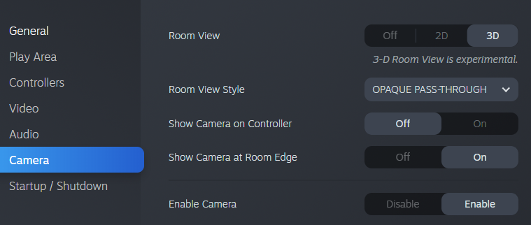 SteamVR 3D Room View Settings Tab